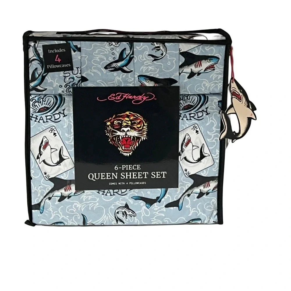 Ed Hardy Queen Blue Sheet Set 6pc Surf Shark Cards Tattoo Grunge Y2K Surfer NWT